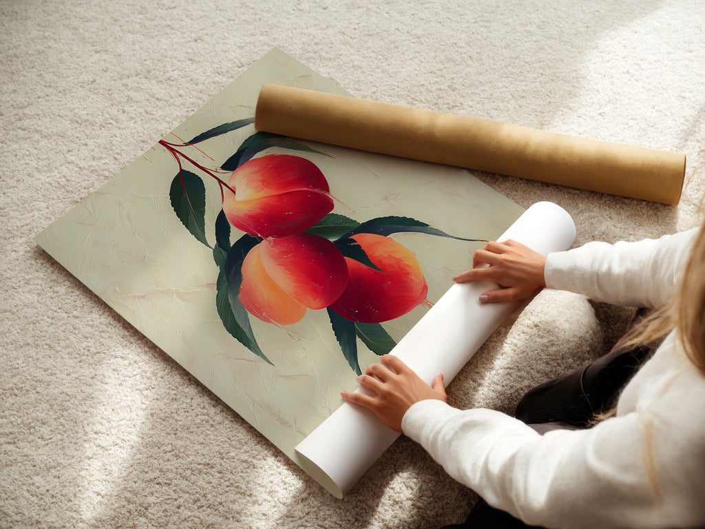 A woman carefully handles a fine art poster paper. She is preparing a peach fruit botanical wall art. This art is perfect for adding a touch of nature to your kitchen decor. The fine art paper ensures vivid colors. This is a beautiful addition to any farmhouse style artwork collection.