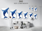 Explore our size comparison chart in an interior setting. Visualize the perfect fit for your whale canvas print. Find the ideal size to complement your coastal decor. This blue ocean art enhances any room. Perfect for nautical minimalist or Scandinavian styles. Elevate your space today.