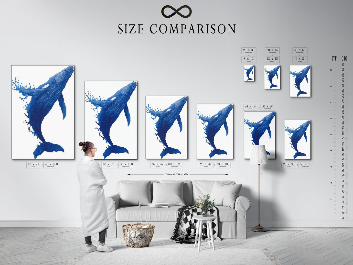 Explore our size comparison chart in an interior setting. Visualize the perfect fit for your whale canvas print. Find the ideal size to complement your coastal decor. This blue ocean art enhances any room. Perfect for nautical minimalist or Scandinavian styles. Elevate your space today.