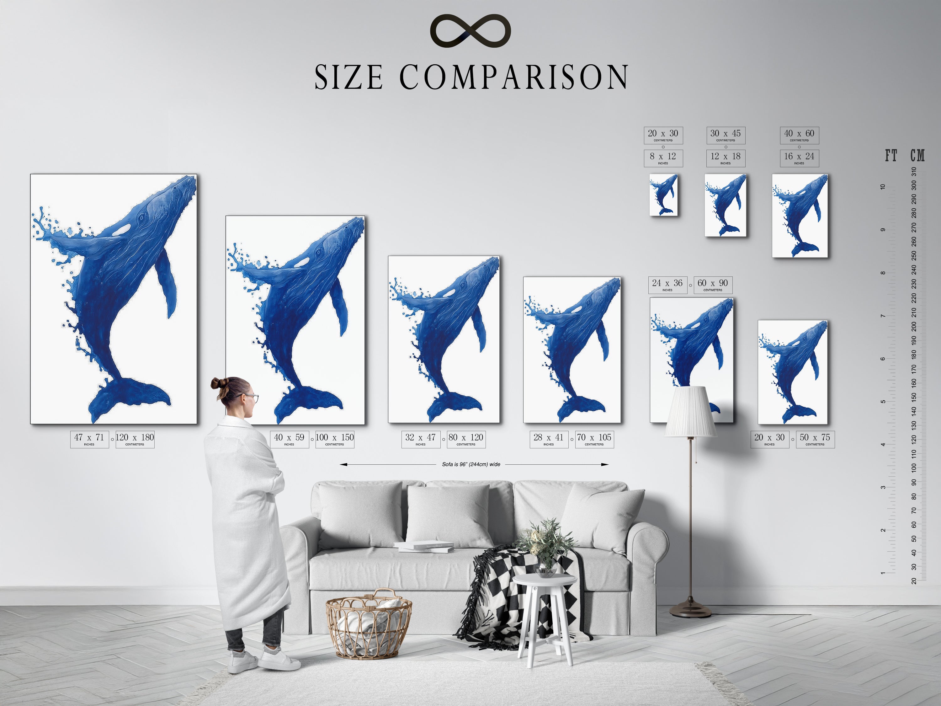 Explore our size comparison chart in an interior setting. Visualize the perfect fit for your whale canvas print. Find the ideal size to complement your coastal decor. This blue ocean art enhances any room. Perfect for nautical minimalist or Scandinavian styles. Elevate your space today.