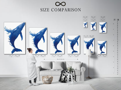 Explore our size comparison chart in an interior setting. Visualize the perfect fit for your whale canvas print. Find the ideal size to complement your coastal decor. This blue ocean art enhances any room. Perfect for nautical minimalist or Scandinavian styles. Elevate your space today.