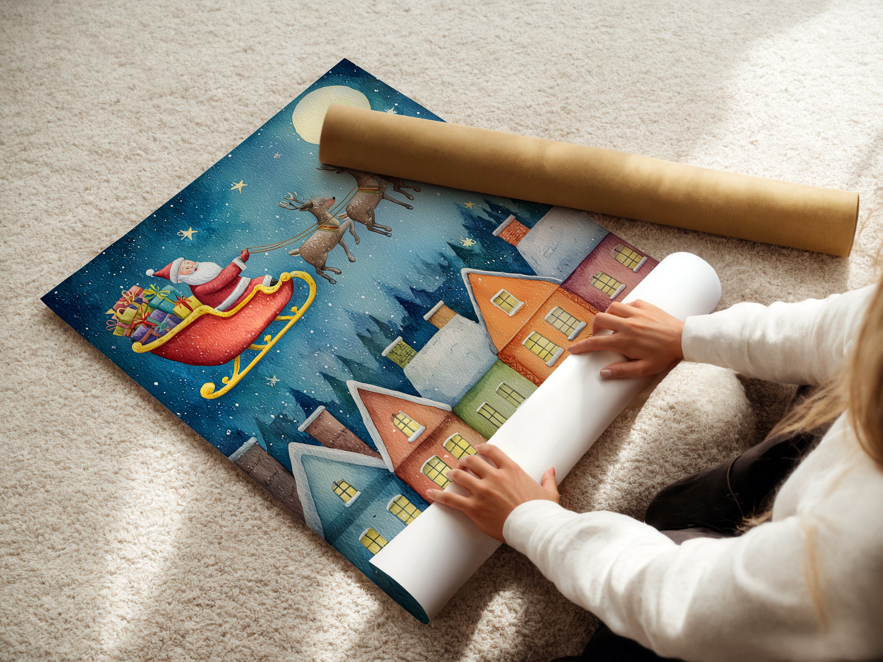 A woman is carefully rolling a fine art poster paper featuring Santa's Flight artwork. This Christmas Eve art is perfect for creating holiday decor. The fine art poster captures a whimsical winter wonderland scene. Ideal for adding a festive touch to any space.