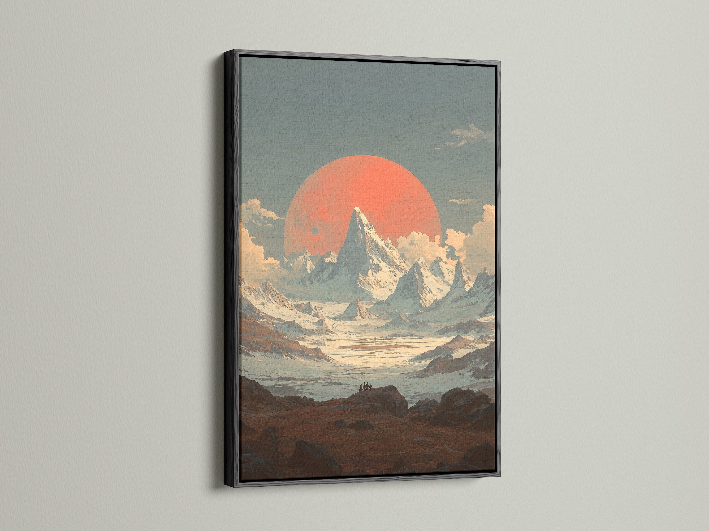 This artwork features a mountain sunset in a black frame. The vintage alpine landscape makes a bold statement. The black frame adds a modern touch to the coral sun print. Ideal for creating a focal point in your living room. Perfect wall decor for any space.