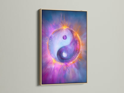 This is a Yin Yang art piece. The cosmic energy print is framed in oak. The spiritual wall art enhances any meditation decor. It's perfect zen wall art for creating a balanced space.