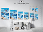 Size comparison chart in an interior setting. The chart showcases various artwork sizes. This provides a visual guide to help customers choose the perfect size for their space. It ensures the artwork fits seamlessly into the room.