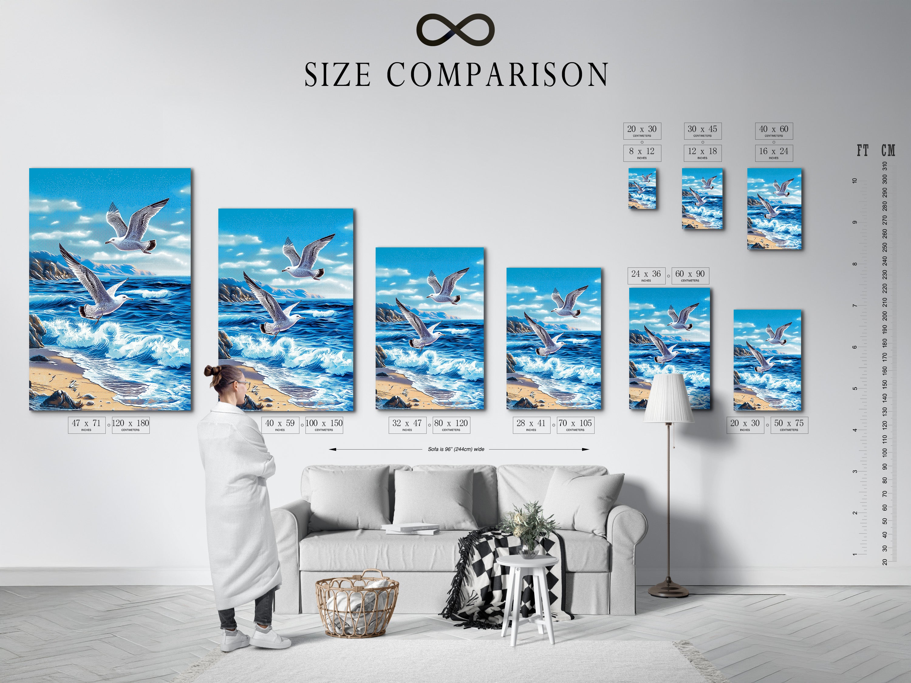 Size comparison chart in an interior setting. The chart showcases various artwork sizes. This provides a visual guide to help customers choose the perfect size for their space. It ensures the artwork fits seamlessly into the room.