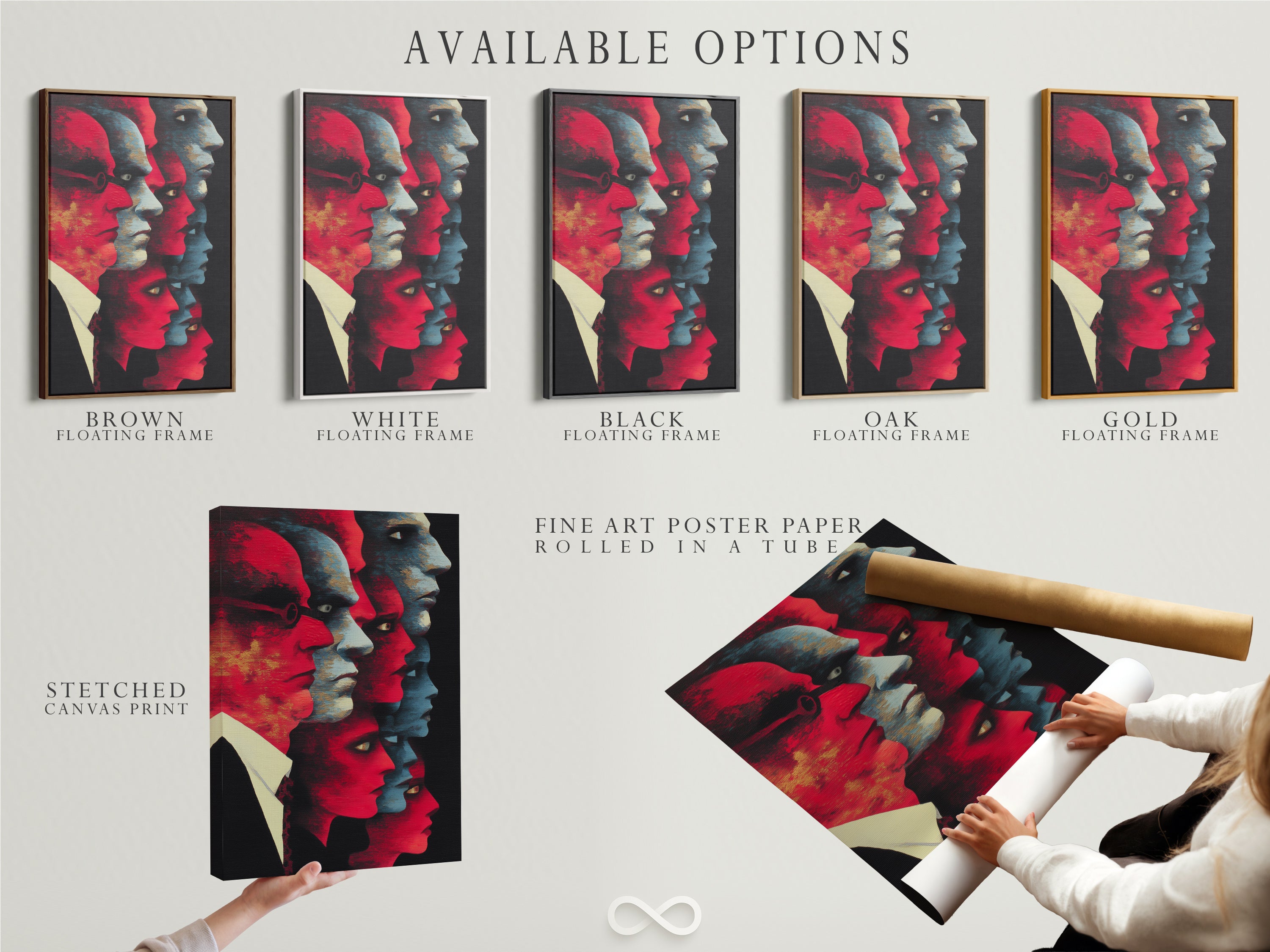 Explore available options for our abstract faces artwork. Choose from stretched canvas prints fine art poster paper or floating frames. Red and blue modern artwork to suit any style. Find the perfect contemporary print for your space. Elevate your home or office decor with our unique artwork options today.