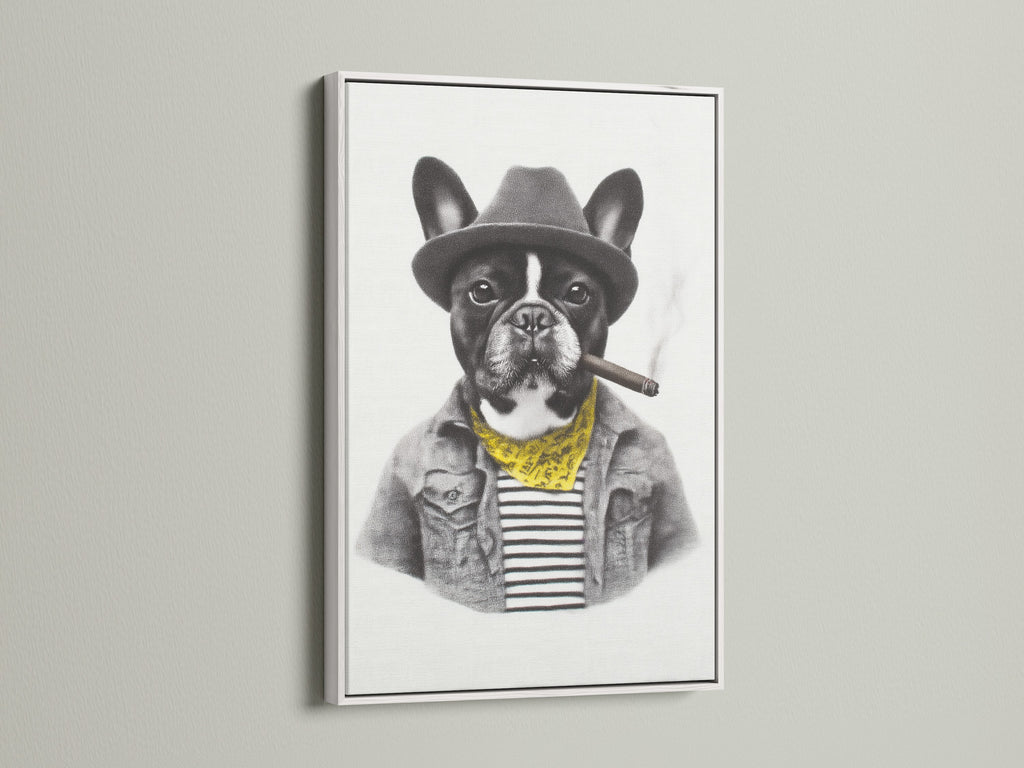 See the French Bulldog art in a white frame. The white frame offers a clean modern look. This contrasts with the vintage animal art. Ideal for adding a touch of humor to your home or office. A great gift for frenchie artwork enthusiasts.