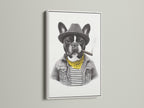 See the French Bulldog art in a white frame. The white frame offers a clean modern look. This contrasts with the vintage animal art. Ideal for adding a touch of humor to your home or office. A great gift for frenchie artwork enthusiasts.