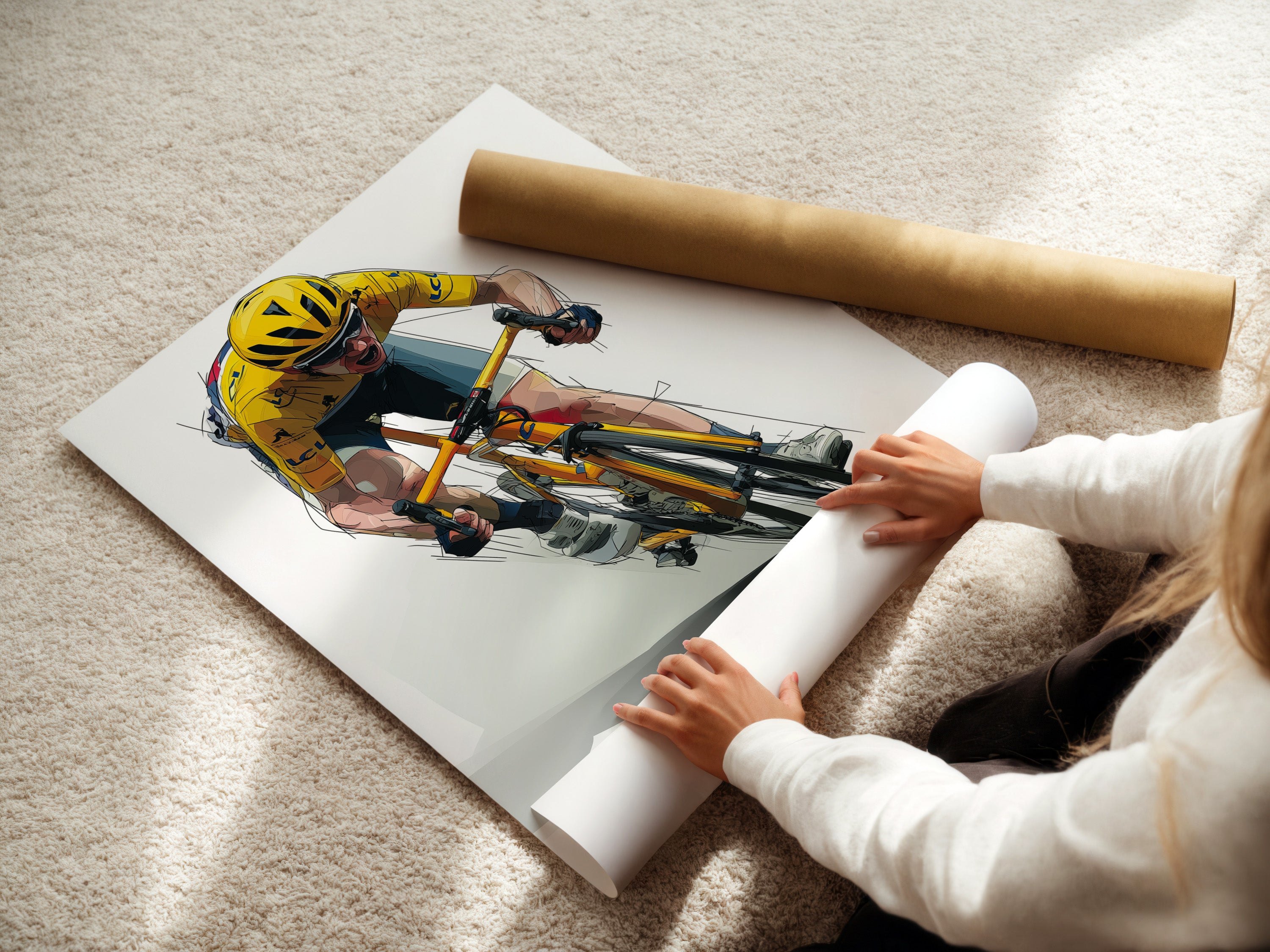 A woman carefully rolling a fine art poster paper. The fine art poster paper is a high-quality material. It ensures vibrant colors and sharp details. This paper is perfect for creating stunning prints.