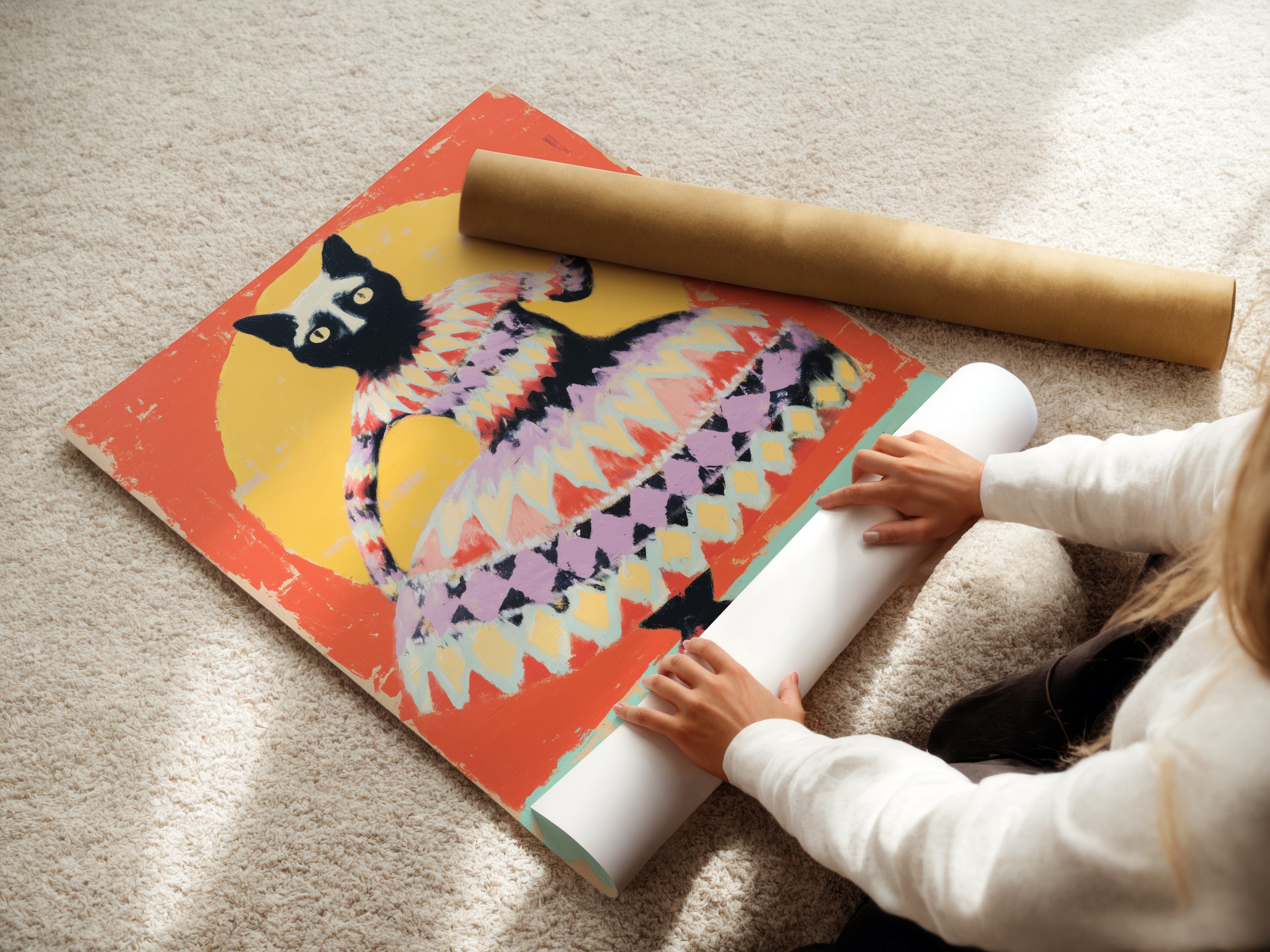 A woman is carefully rolling a fine art poster paper featuring whimsical cat art. The print is vibrant with orange and yellow hues. Perfect for animal wall art or quirky cat decor. This folk art is ideal for any room.
