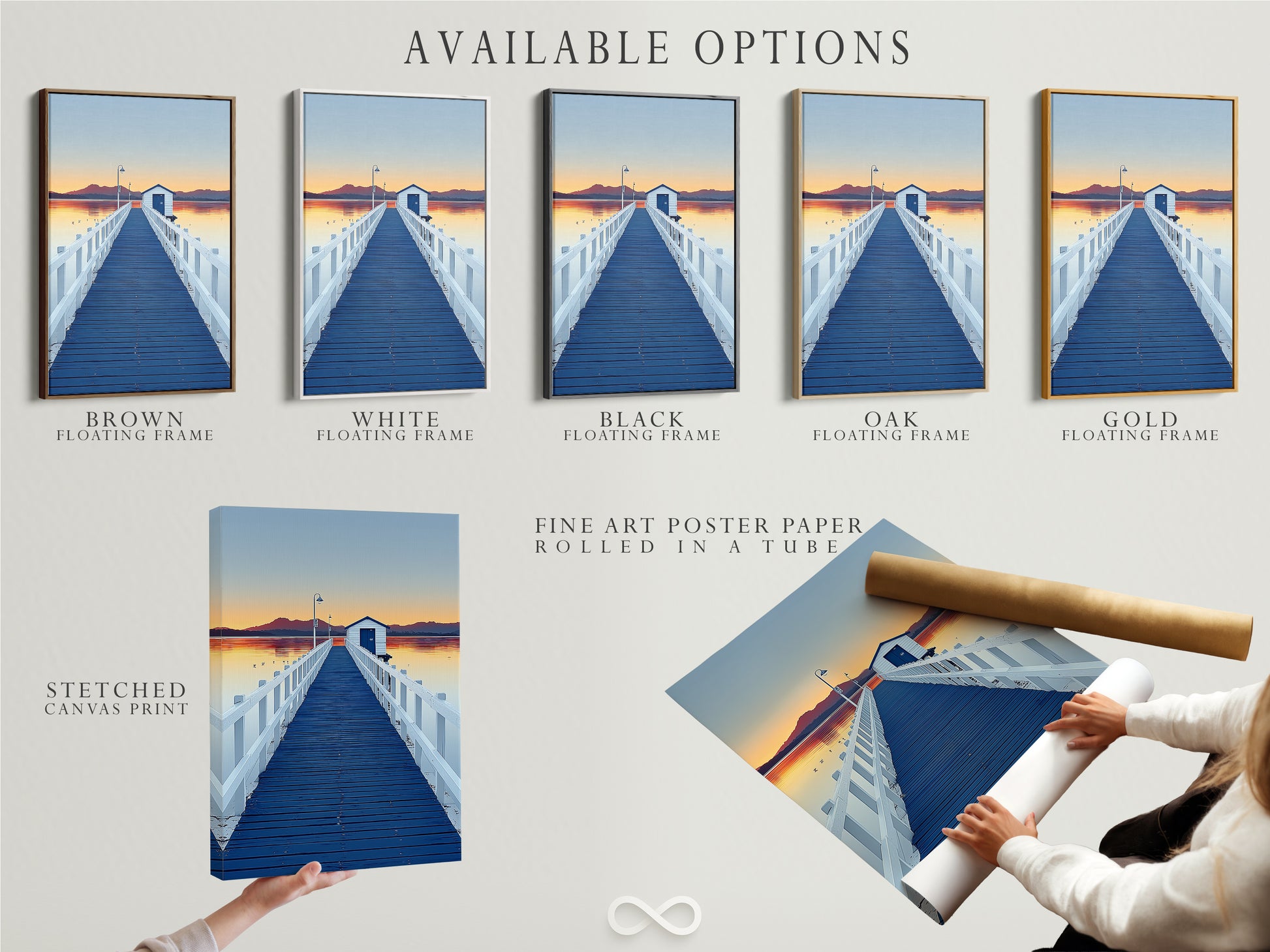 Discover available options for dock sunset artwork. Choose from a stretched canvas print. Fine art poster paper is available. A floating frame is shown. Enhance your coastal scenery photography with our selections.
