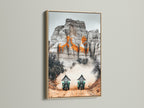 Enhance your decor with desert adventure art. This motorcycle wall art is showcased in an oak frame. Ideal sports canvas print for man cave decor. Homeowners and renters will love this off road racing artwork. Add a touch of adventure artwork to your office or garage with this desert landscape motorcycle print.