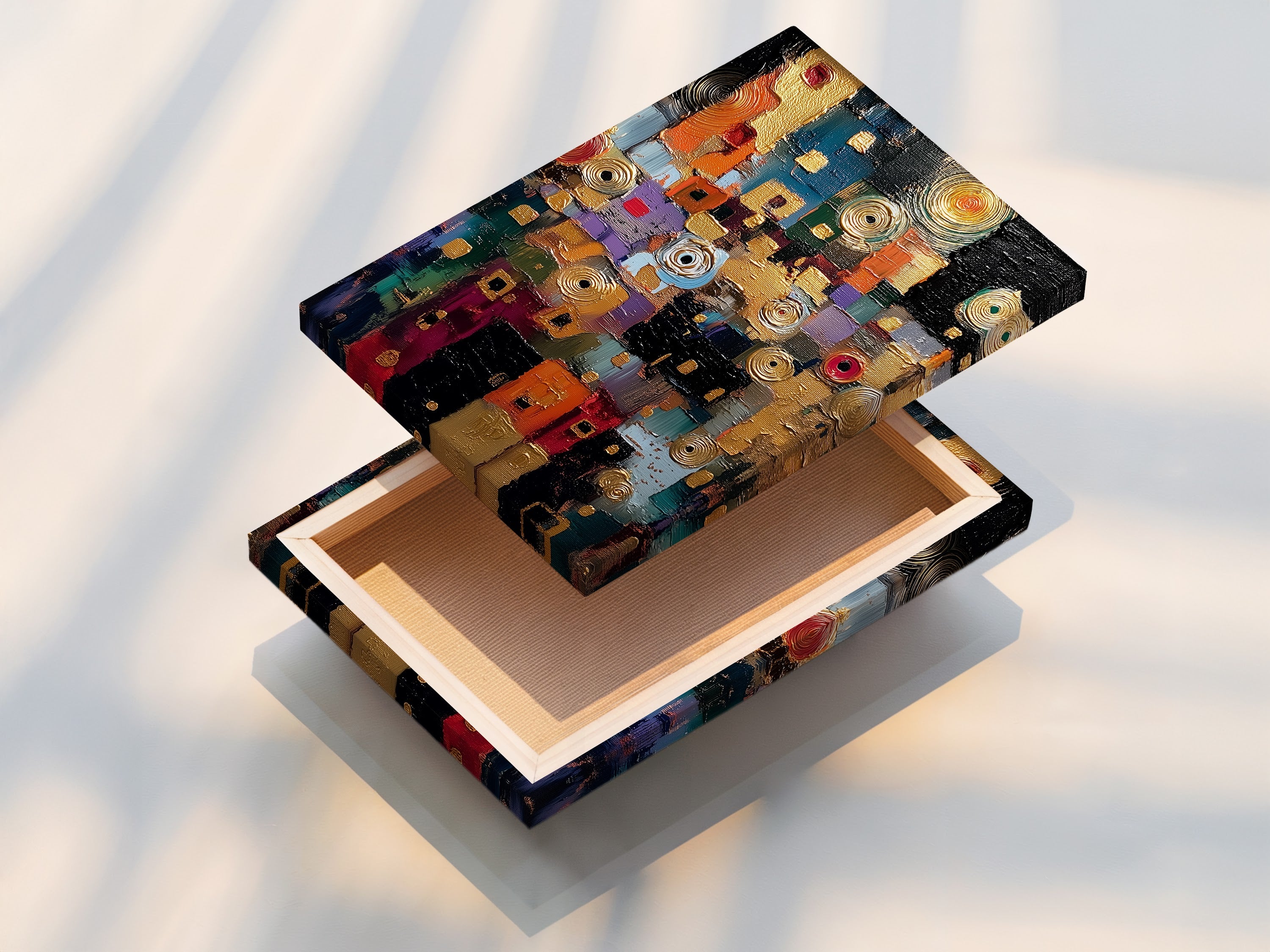 This is a stretched canvas print of abstract textured artwork. The colorful modern wall art is ready to hang. It is a contemporary mixed media print. This vibrant abstract artwork enhances any space. Perfect for adding style to your home or office.