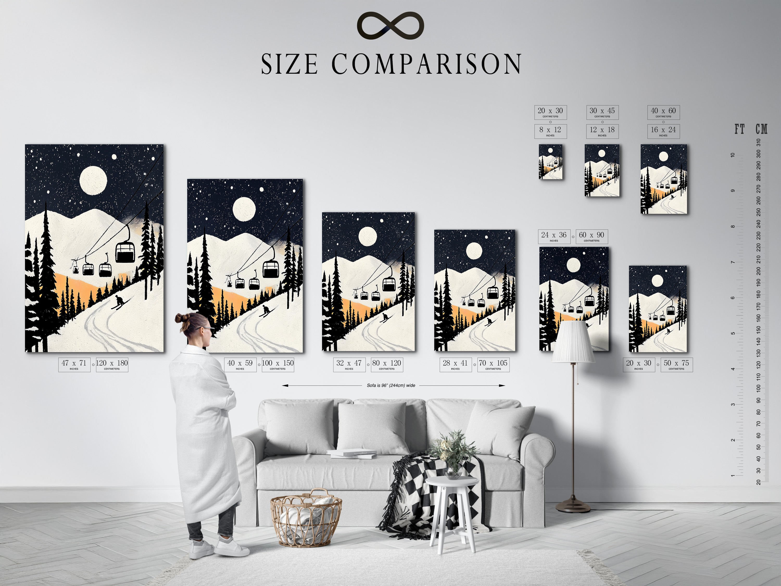 Explore our size comparison chart in a stylish interior. Visualize the perfect fit for your space. Whether it's a ski resort canvas print or a fine art poster. This helps you choose the ideal dimensions for your winter mountain art. A vintage ski lift poster for lodge decor.