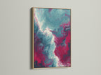 This image features an abstract fluid art print with an oak frame. The artwork is a beautiful fusion of teal and pink creating a captivating marble swirl effect. The oak frame enhances the artwork bringing warmth to any room. Elevate your home decor with this modern canvas artwork.