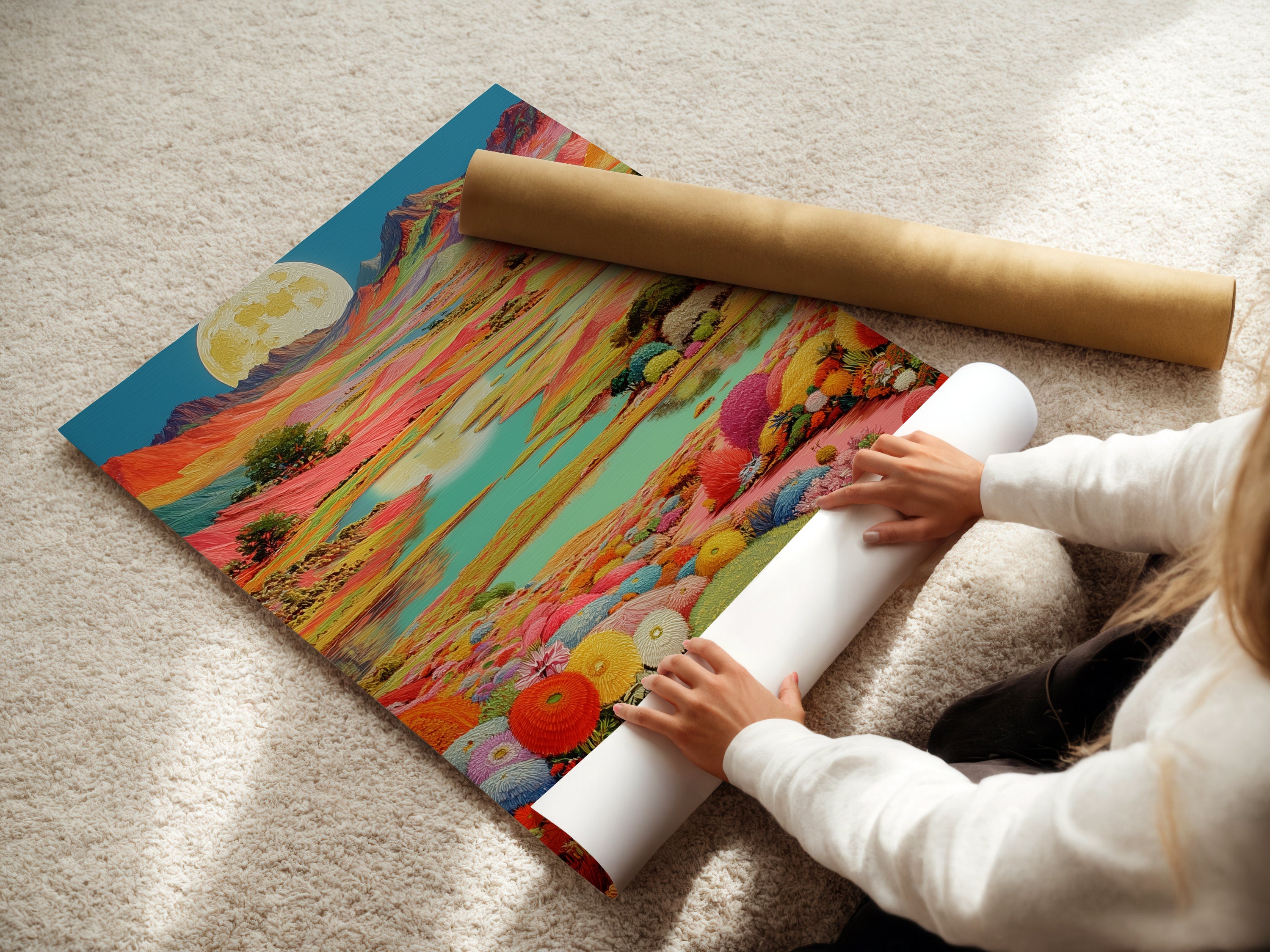 A woman is carefully rolling a fine art poster paper. The paper features a colorful fantasy landscape with a moon. This high-quality poster paper ensures the artwork's vibrant colors. It is a great addition to any home or office space.