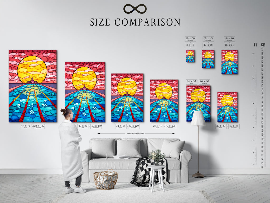 Size comparison chart of Stained Glass Ocean Artwork in an interior setting. See how this underwater art fits in any room. This mosaic wall art enhances your space. It is available in multiple sizes.