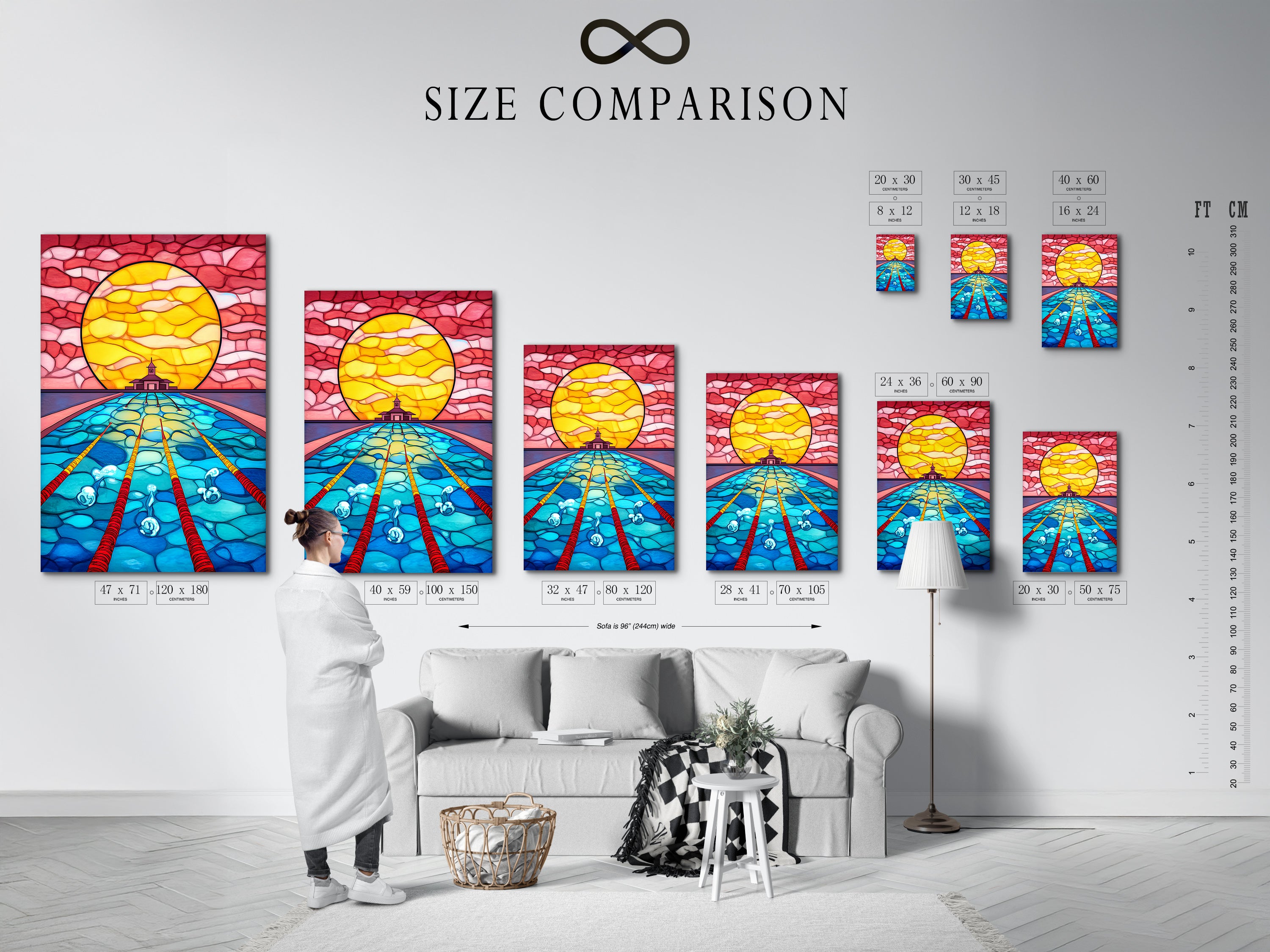Size comparison chart of Stained Glass Ocean Artwork in an interior setting. See how this underwater art fits in any room. This mosaic wall art enhances your space. It is available in multiple sizes.