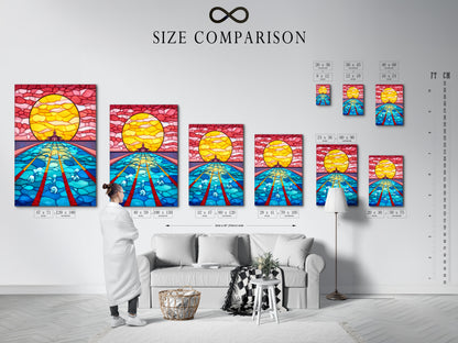 Size comparison chart of Stained Glass Ocean Artwork in an interior setting. See how this underwater art fits in any room. This mosaic wall art enhances your space. It is available in multiple sizes.