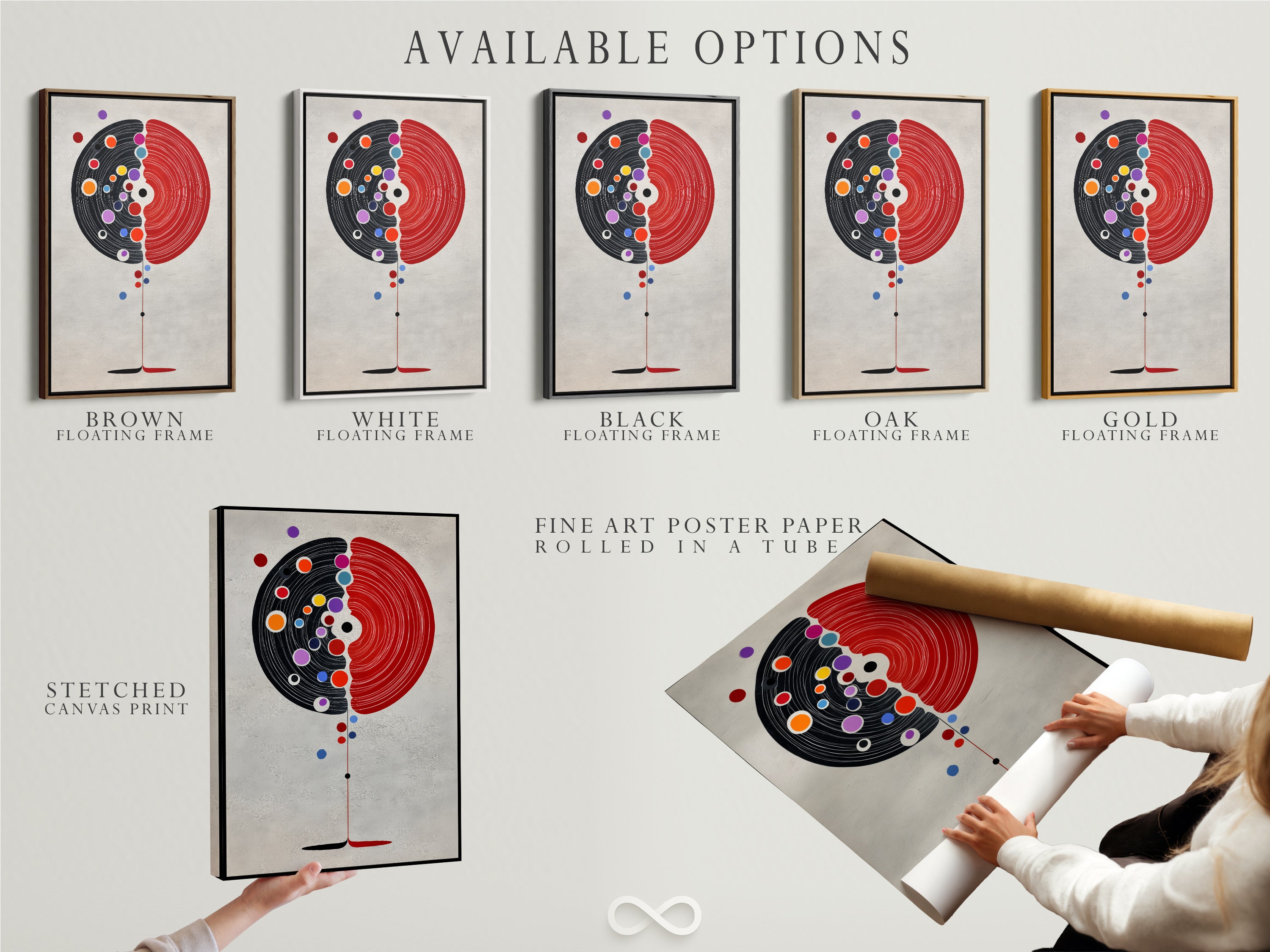 Available options are displayed including a stretched canvas print. Also shown is a fine art poster paper and a floating frame. Choose the perfect format for your Abstract Tree Artwork. Customize your art to match your decor.