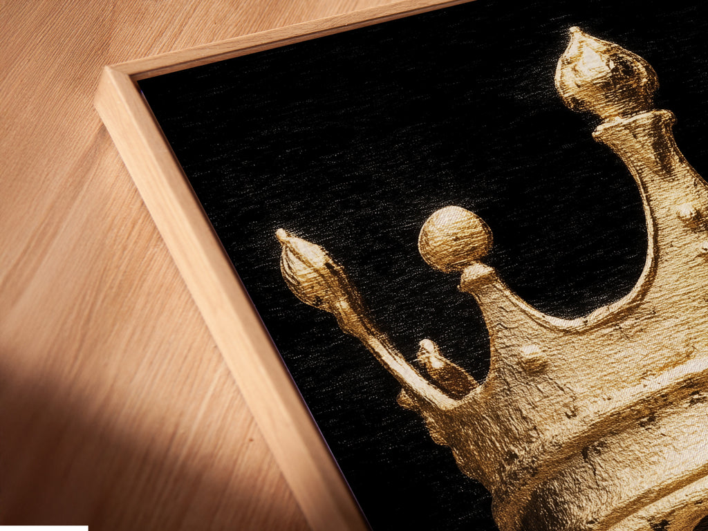 Angled close up of a Melting Crown canvas print in a floating frame. The artwork features a gold melting crown on a black background. The floating frame adds a contemporary touch. Discover gothic home decor.