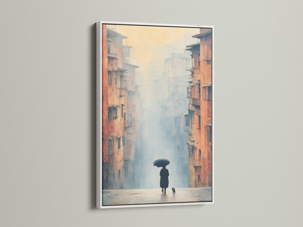 Impressionist urban scene in a white frame. The misty cityscape artwork brings a contemporary feel to hallway decor. This muted tone canvas print is ideal for creating a serene atmosphere in living rooms or boutiques.