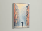 Impressionist urban scene in a white frame. The misty cityscape artwork brings a contemporary feel to hallway decor. This muted tone canvas print is ideal for creating a serene atmosphere in living rooms or boutiques.