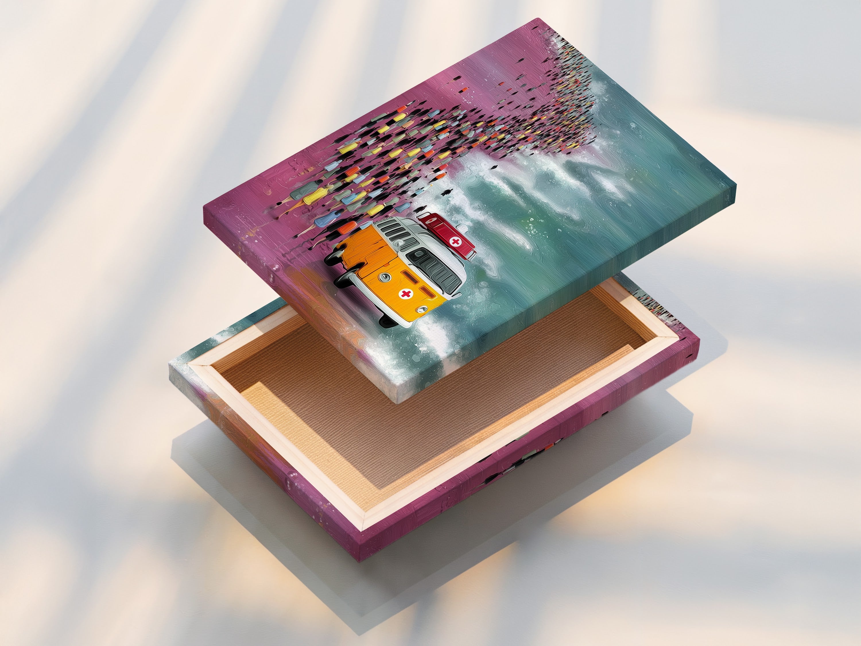 Stretched canvas print of a Vintage VW Bus artwork. The artwork features an orange Volkswagen van on a beach with a crowd of people. This retro beach wall art is perfect for living rooms bedrooms and offices. It adds a coastal tropical touch.