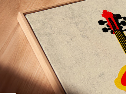 Get a closer look at framed canvas art. This angled view shows a violin graffiti canvas print in a floating frame. The frame creates a unique visual effect. It makes the artwork appear to hover on the wall.