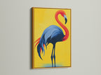 The flamingo artwork is elegantly presented in a gold frame. The metallic sheen adds a luxurious touch to the vibrant art. The red blue and yellow colors stand out beautifully. A sophisticated choice for home decor.