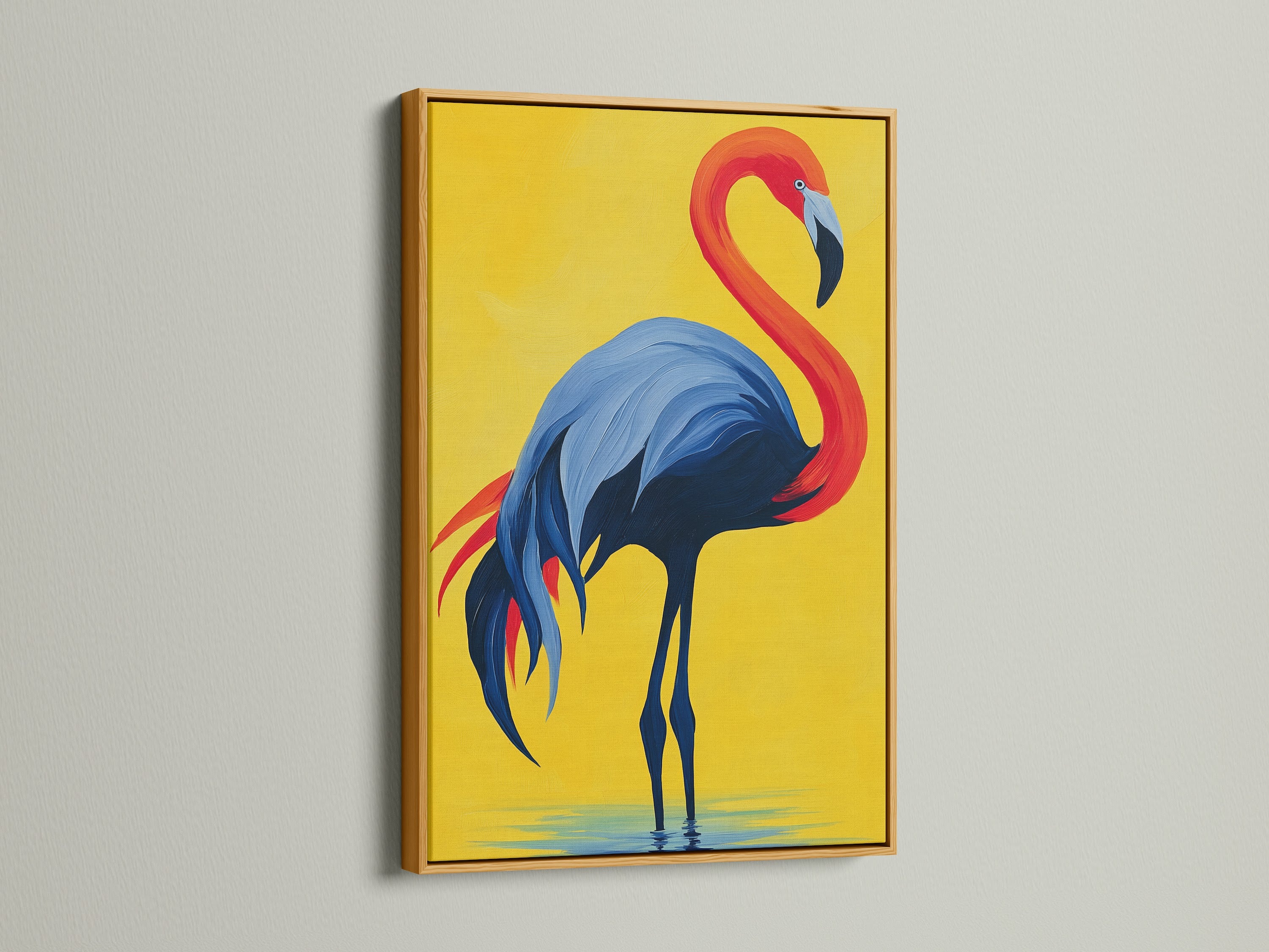 The flamingo artwork is elegantly presented in a gold frame. The metallic sheen adds a luxurious touch to the vibrant art. The red blue and yellow colors stand out beautifully. A sophisticated choice for home decor.