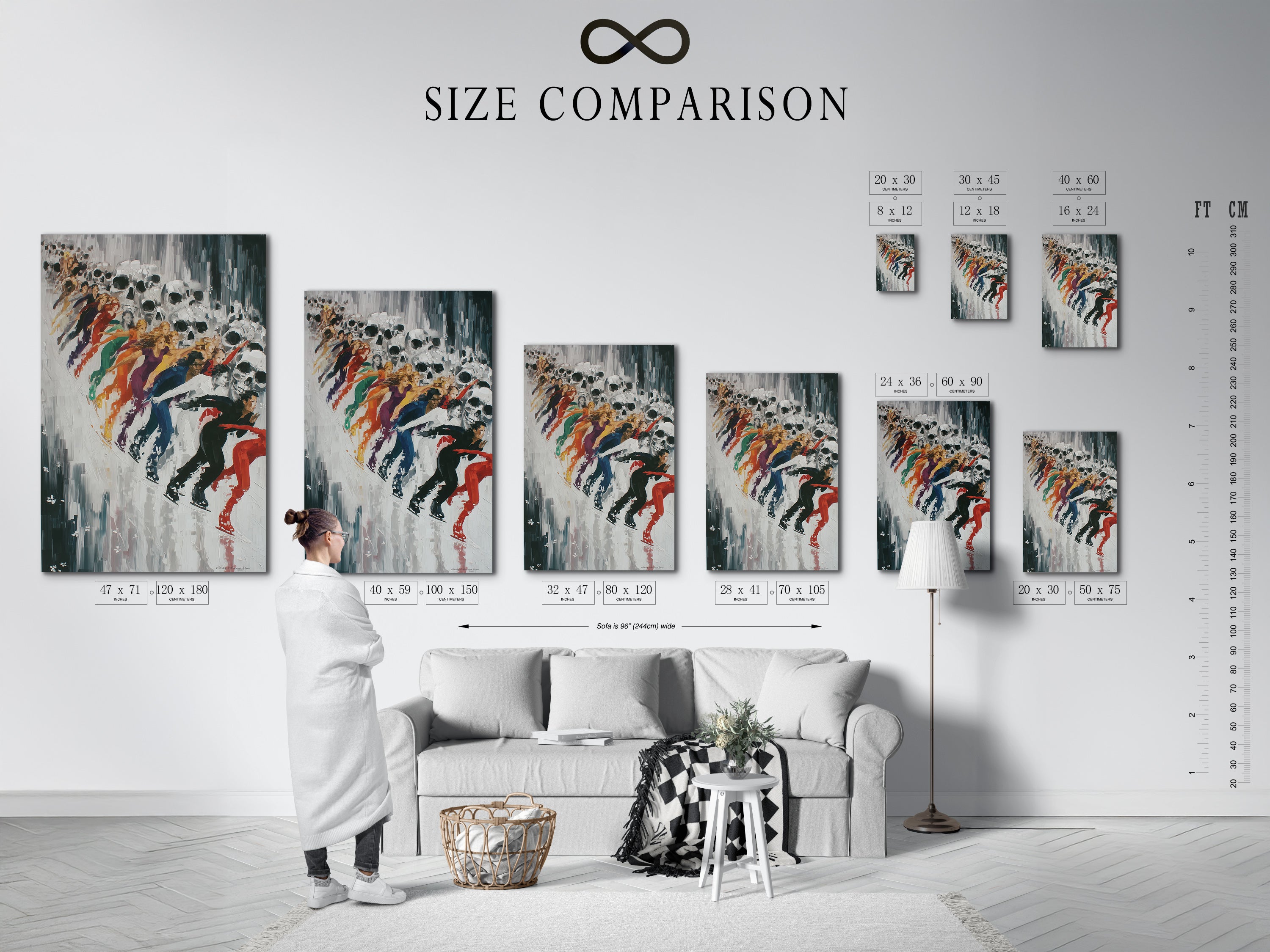 Size comparison chart in an interior setting showcasing the Abstract Skull Art Print. See how different sizes fit in various spaces. Find the perfect size for your living room bedroom or studio. Explore the possibilities for your wall art.
