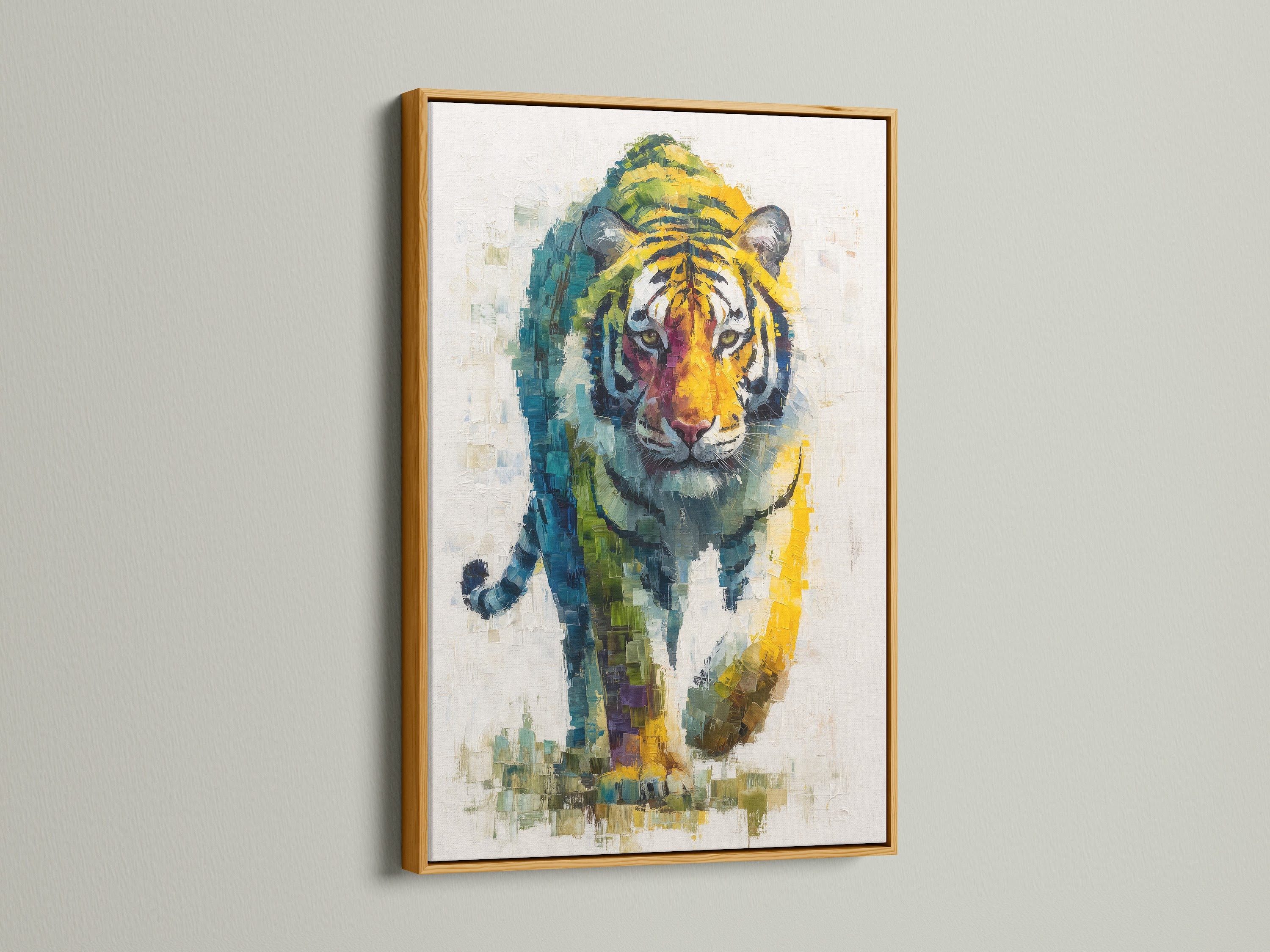 Tiger Wall Art in a gold frame. The gold frame adds a touch of elegance. This colorful wildlife canvas is perfect for living room or bedroom decor. A big cat art print to enhance your home.
