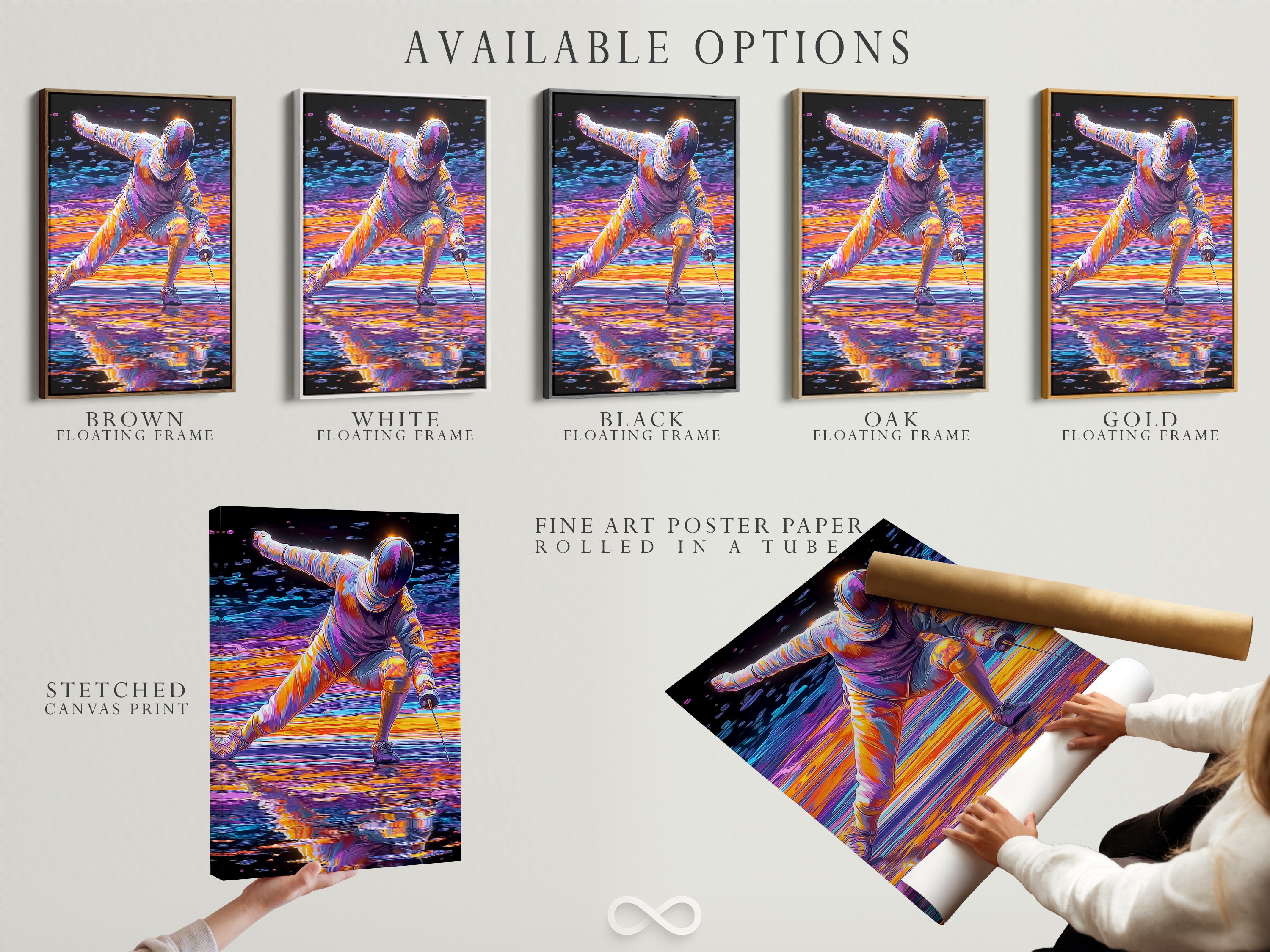 Available options for the fencing sport canvas print are shown. Choose from stretched canvas fine art poster paper or a floating frame. The abstract duelist art offers versatile display options. Customize your artwork today.