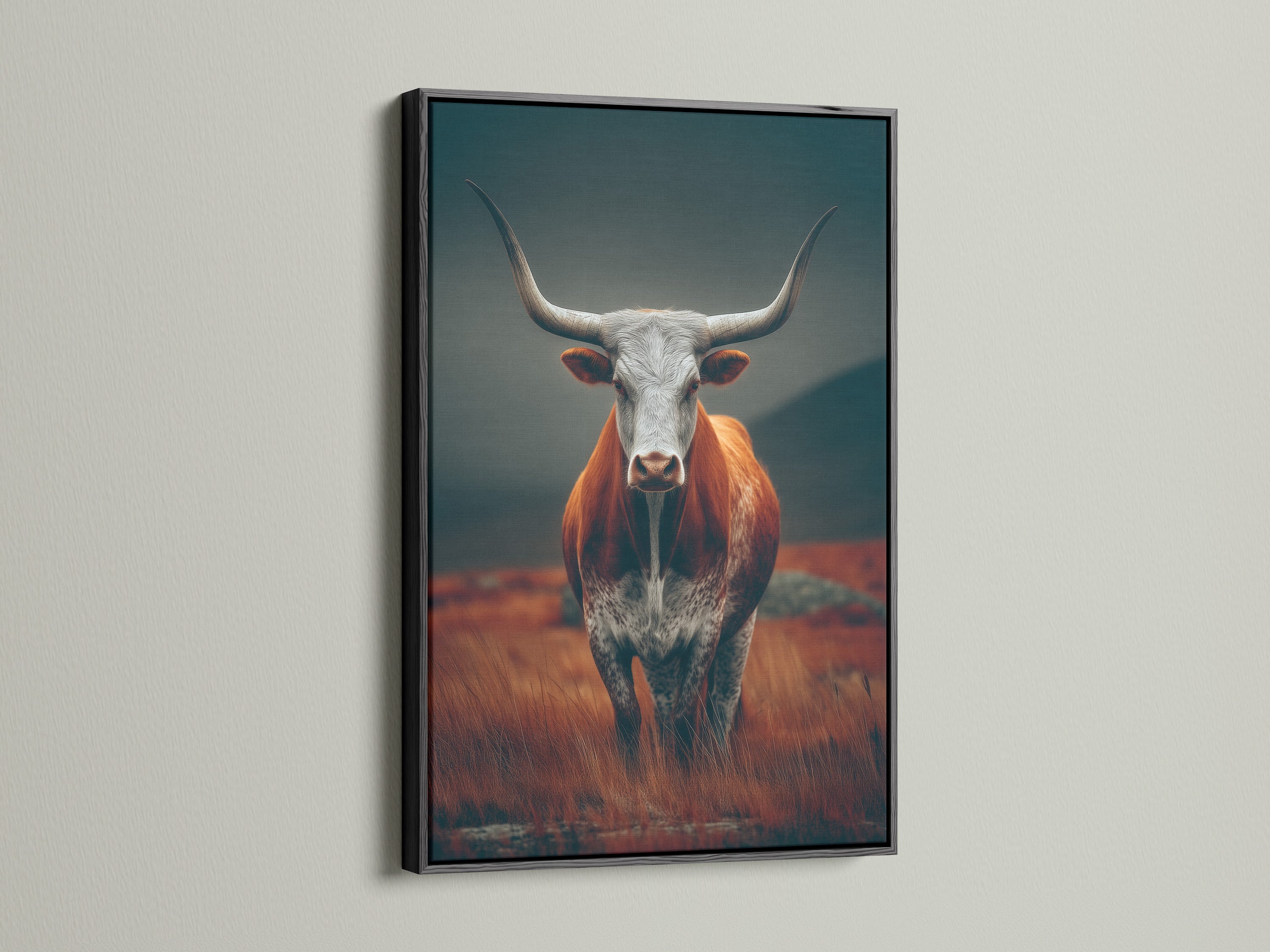 The black frame gives this farm animal artwork a sleek and sophisticated look. The contrast of the dark frame makes the colors more vibrant. This bull canvas art is perfect for adding a touch of country style to a modern space. It creates a bold statement