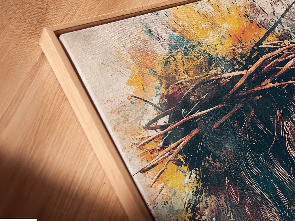 Experience our Christian canvas prints in a unique floating frame. This angled close up highlights the artwork's intricate details. Perfect for those seeking elevated religious wall art. Add spiritual wall decor that complements any interior style. Discover the beauty.