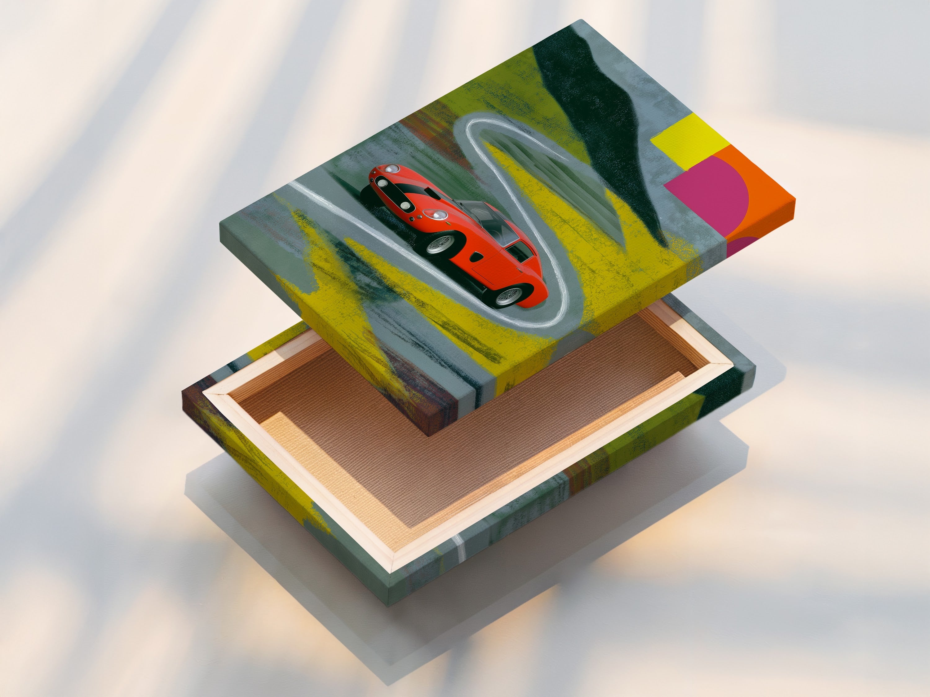 This is a stretched canvas print of the vintage Ferrari artwork. The red sports car is ready to hang. It offers a gallery-wrapped look. It is a durable and stylish option for wall decor.