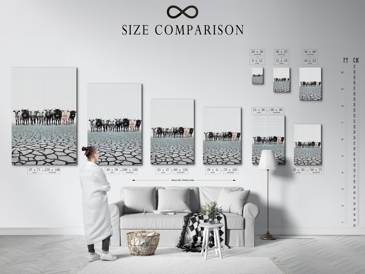 Size comparison chart in interior featuring cattle canvas print. Visualize the perfect fit for your space. See how our farm animal art complements different room sizes. Check size options.
