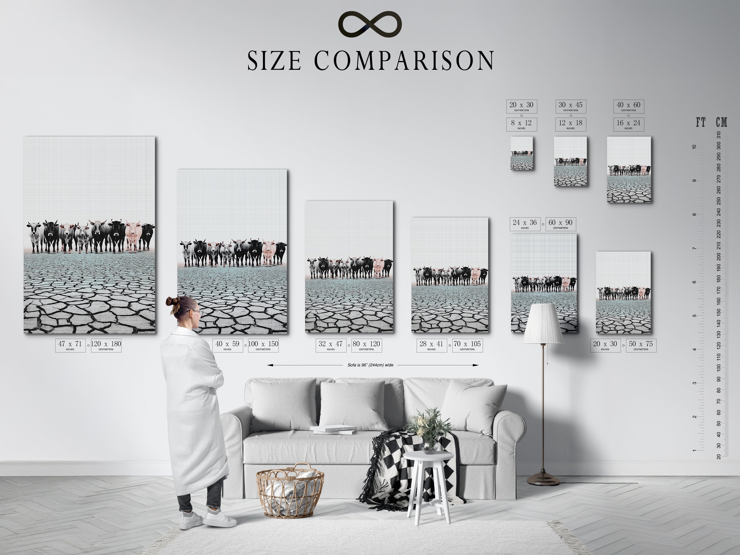 Size comparison chart in interior featuring cattle canvas print. Visualize the perfect fit for your space. See how our farm animal art complements different room sizes. Check size options.