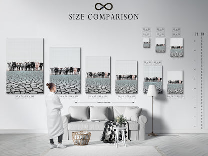 Size comparison chart in interior featuring cattle canvas print. Visualize the perfect fit for your space. See how our farm animal art complements different room sizes. Check size options.