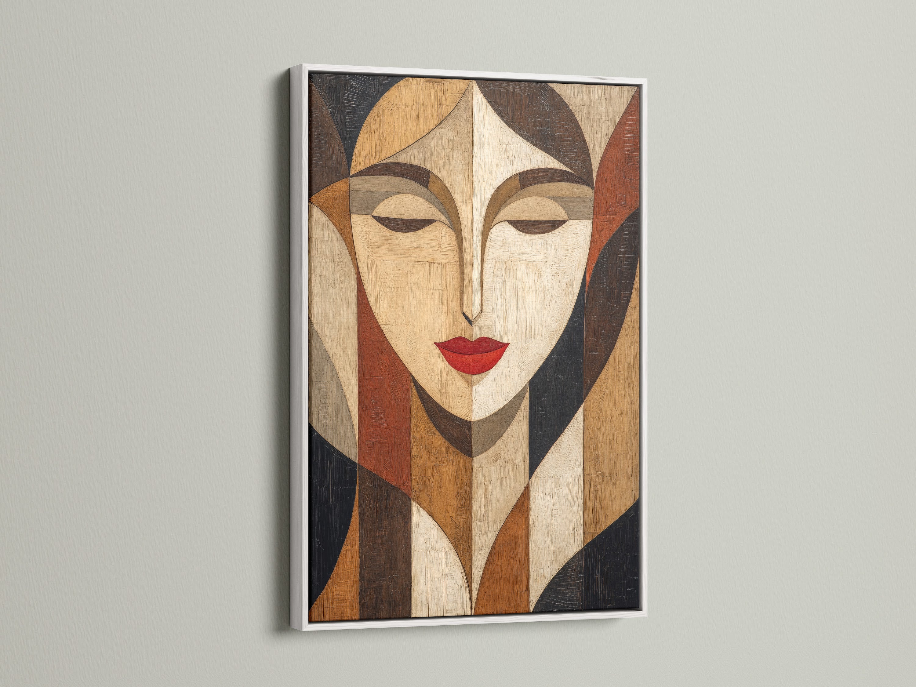 Artwork is beautifully presented in a white frame. The white frame offers a clean modern aesthetic. It allows the artwork to stand out. The frame enhances the colors and details. It is displayed against a neutral wall enhancing its appeal.