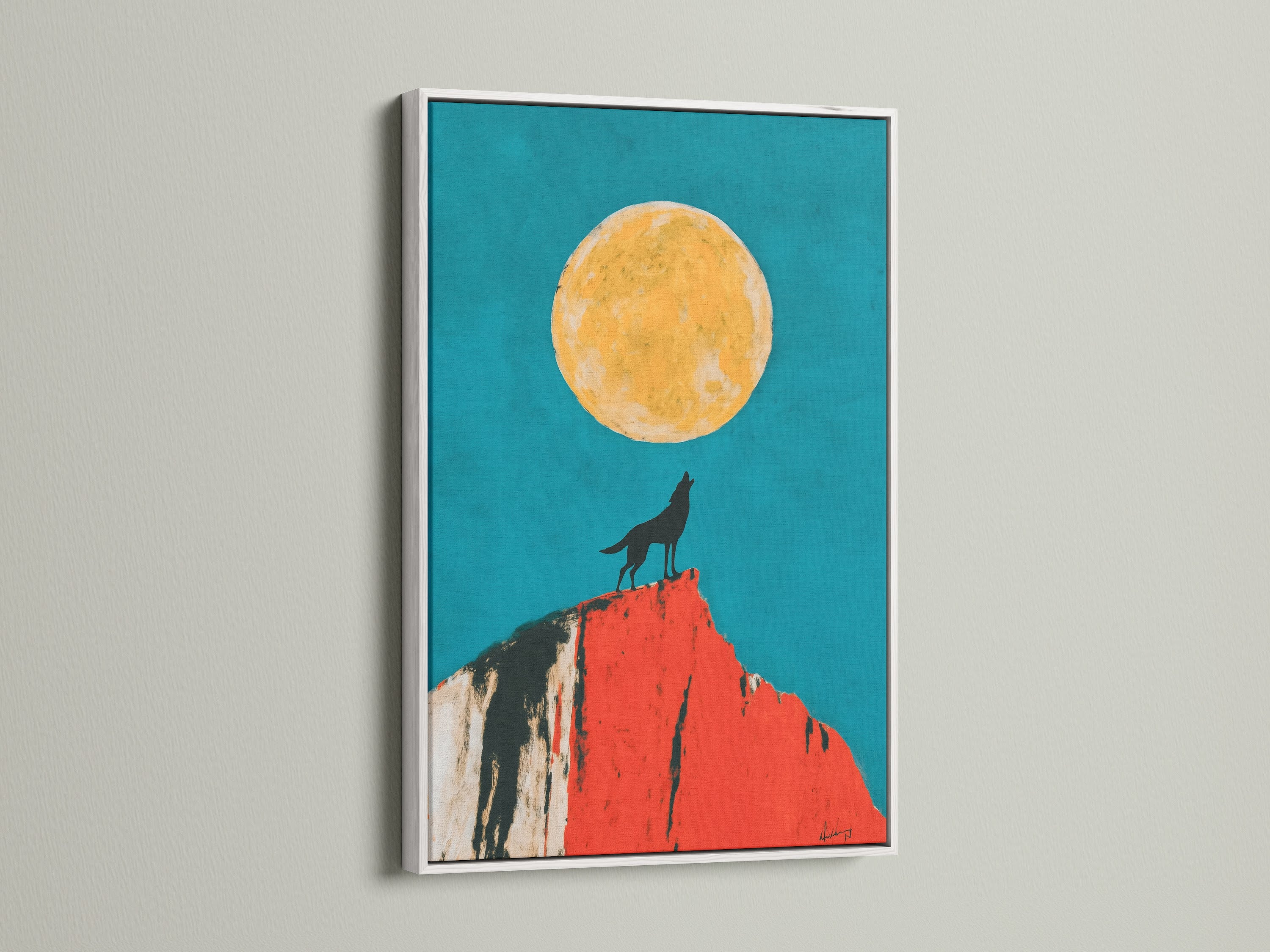 Wolf Moon artwork is presented in a white frame. The clean lines complement the teal and orange art. This southwestern decor piece enhances any room. The wolf silhouette adds a touch of wilderness. It is a modern animal art for stylish homes.