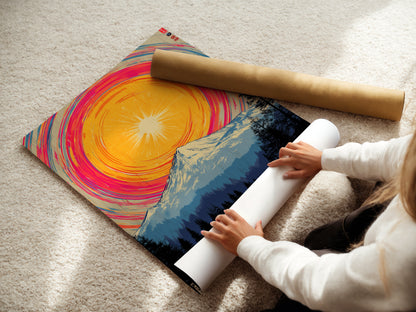 A woman carefully rolls a fine art poster paper. This showcases the delicate handling of the mountain lake artwork. The poster paper ensures high-quality prints. This Japanese style art is perfect for creating unique wall decorations.