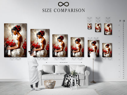 A size comparison chart is displayed in an interior setting. The chart shows different sizes of artwork. This helps visualize how each size will look in a room. The artwork featured is a woman playing piano. The chart aids in making informed decisions.