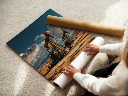Woman carefully rolling a fine art poster paper print. This desert landscape artwork. The earth tone decor is perfect for any space. Get your industrial photography print today. Perfect for minimalist Scandinavian rustic or industrial style decor.