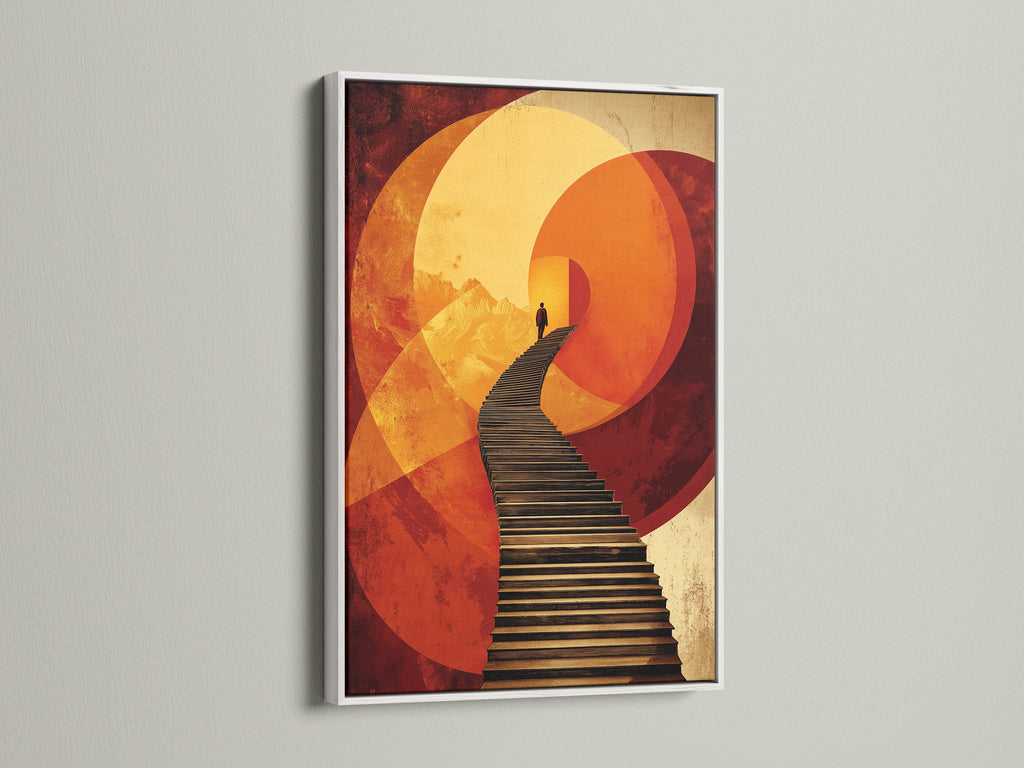 Elevate your space with this surreal stairway artwork in a white frame. The abstract figure wall art features a geometric sunset. This modern canvas art enhances any room. Perfect for a clean contemporary aesthetic.