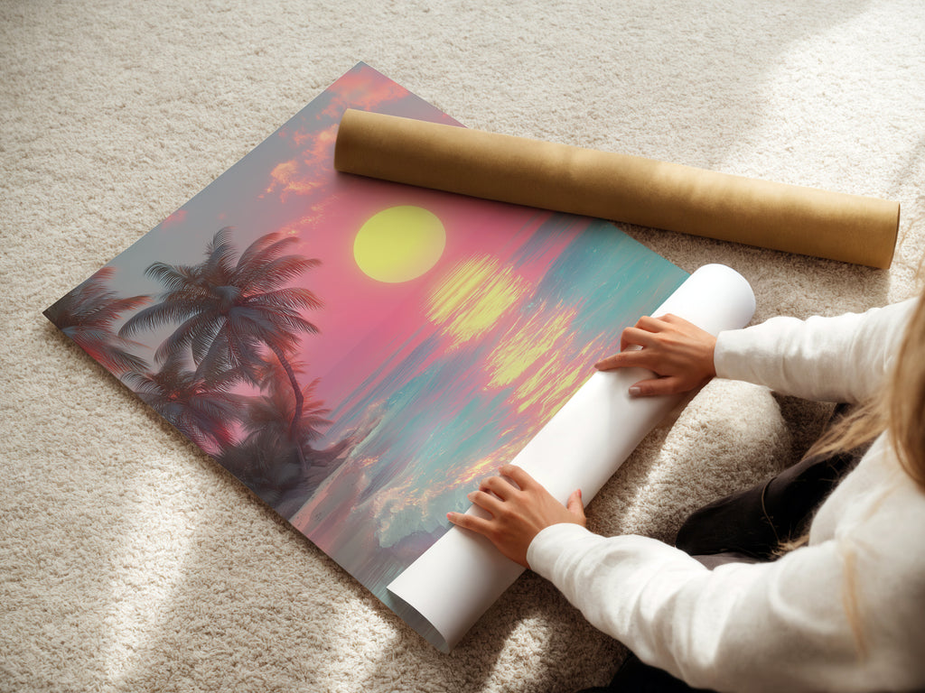 A woman is carefully rolling a fine art poster paper. The paper features a high-quality print of beach art. The scene includes palm trees and a vibrant sunset. Perfect for art enthusiasts and collectors.