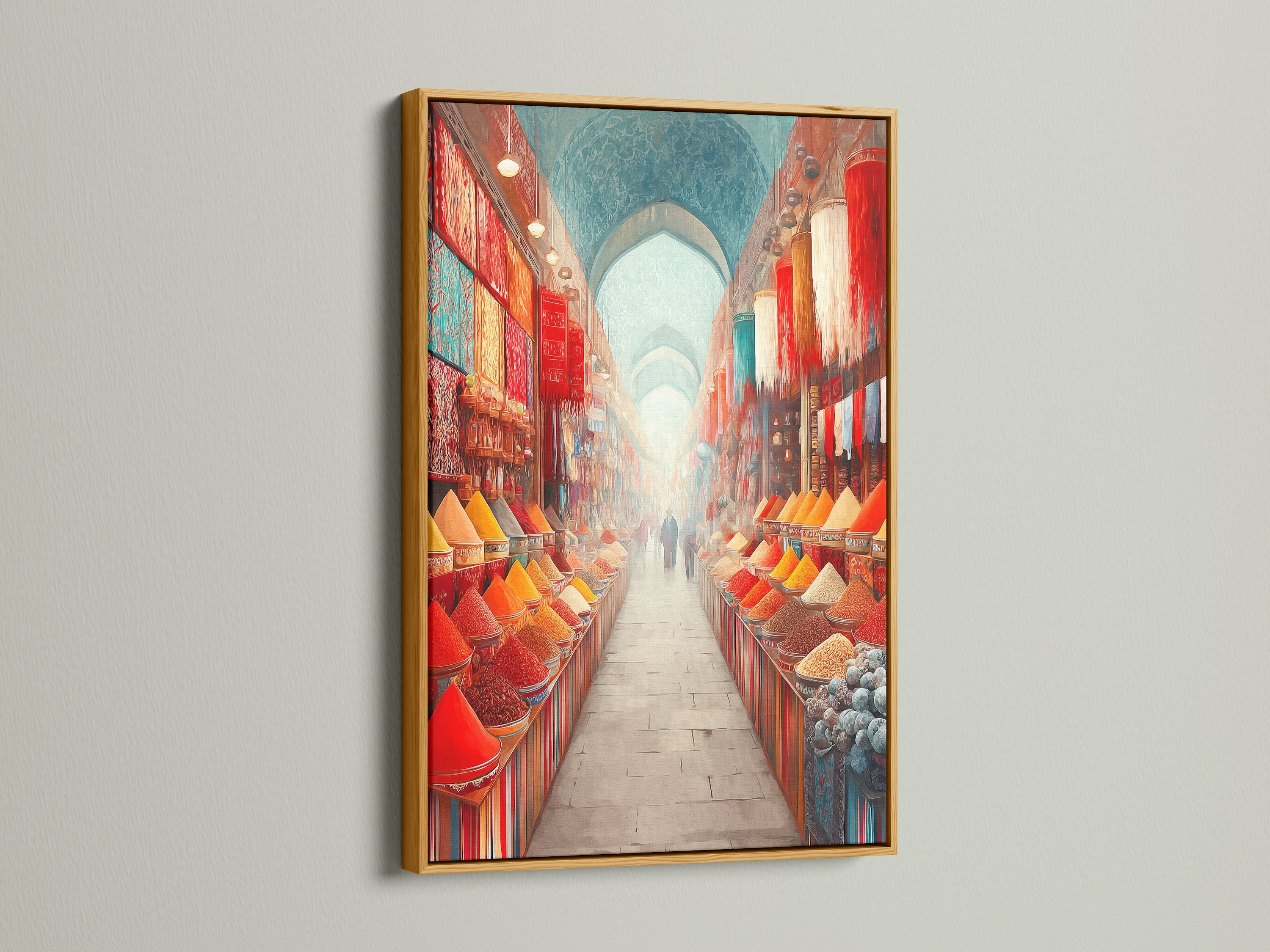 Spice Market artwork with a gold frame. The colorful food photography is great for kitchens dining rooms restaurants and more. Enhance your interior with this exotic bazaar wall art. This piece complements eclectic global and bohemian styles.