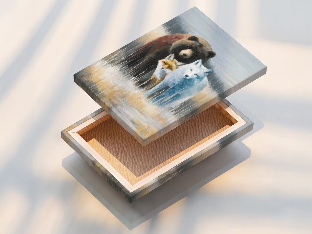 Stretched canvas print of the Wildlife Trio artwork. Featuring a bear fox and wolf. Neutral tones complement any cabin decor. Durable and ready to hang. This animal canvas adds rustic charm to living rooms studies and offices.